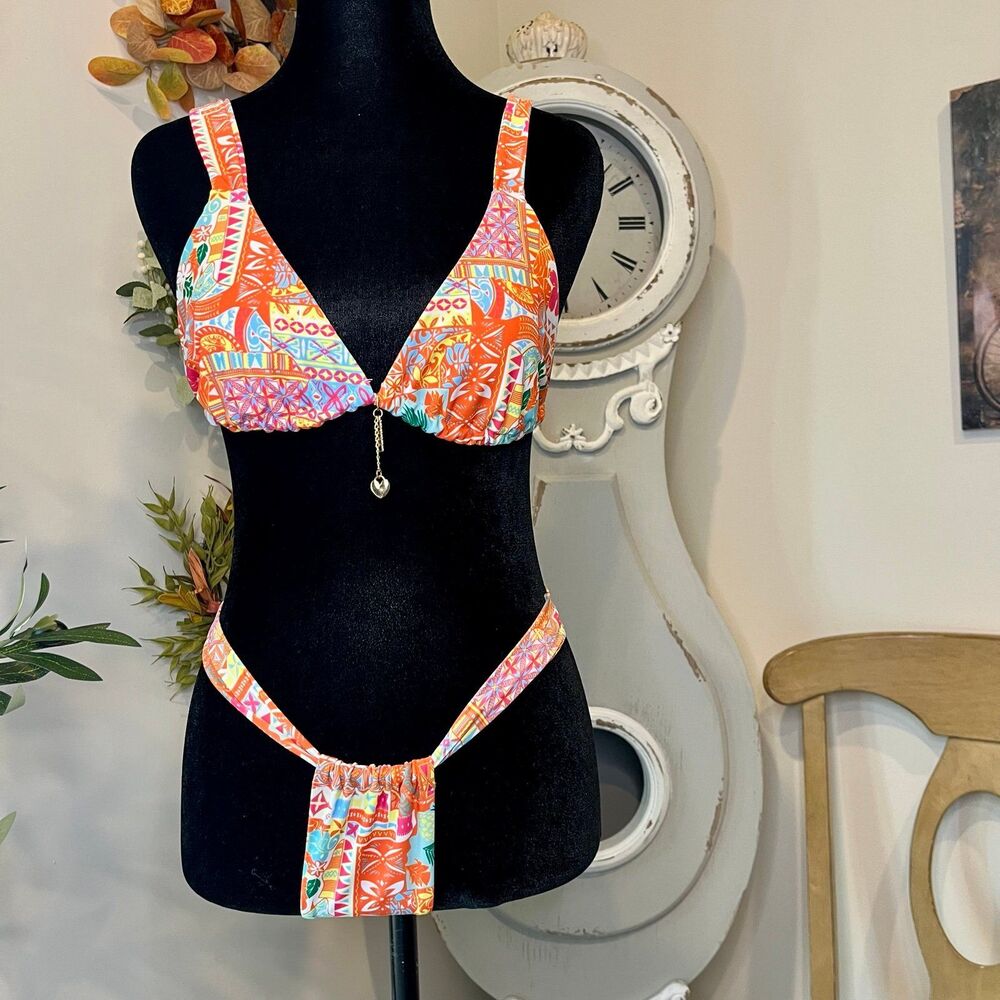 Bohemian Multicolor Island Vibe Bikini 2-Piece Set with Charm XS NWOT
